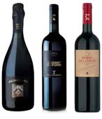 Bottiglie vino Tasca d'Almerita Cabernet Sauvignon 2004, Rosso del Conte 2004 e Almerita Brut 2004 