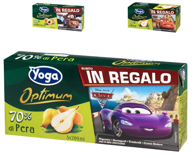 yoga minibrik nettari succhi di frutta cars 2 disney alpicocca pera pesca 200ml 20cl