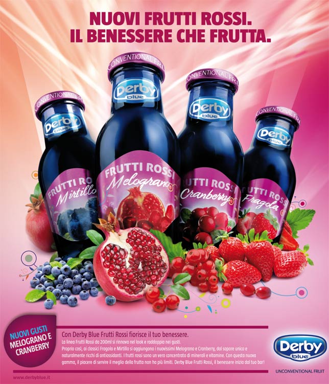 Pubblicità advertising Juice Fruit Derrby Blue bevande frutta succhi frutti rossi Mirtillo e fragola, melograno Cranberry bott vetro 200 ml